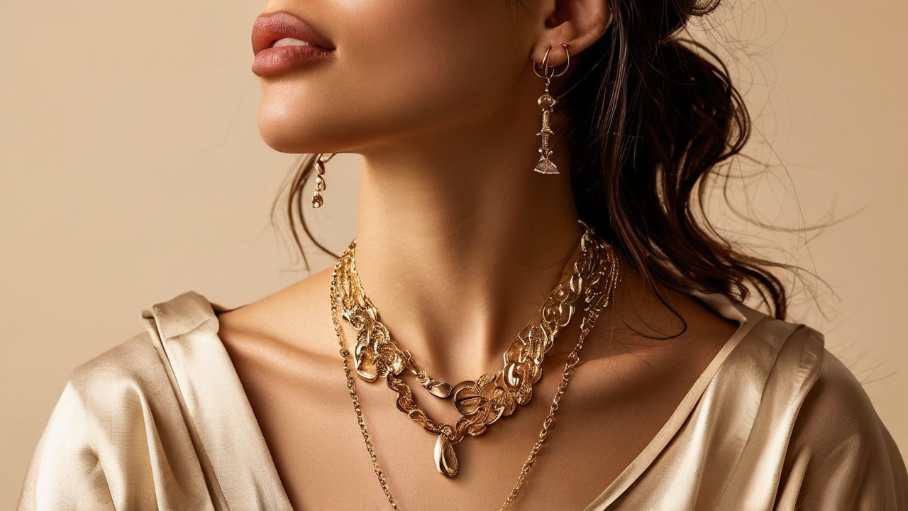 A fashion-forward woman showcasing multiple layered necklaces of varying lengths