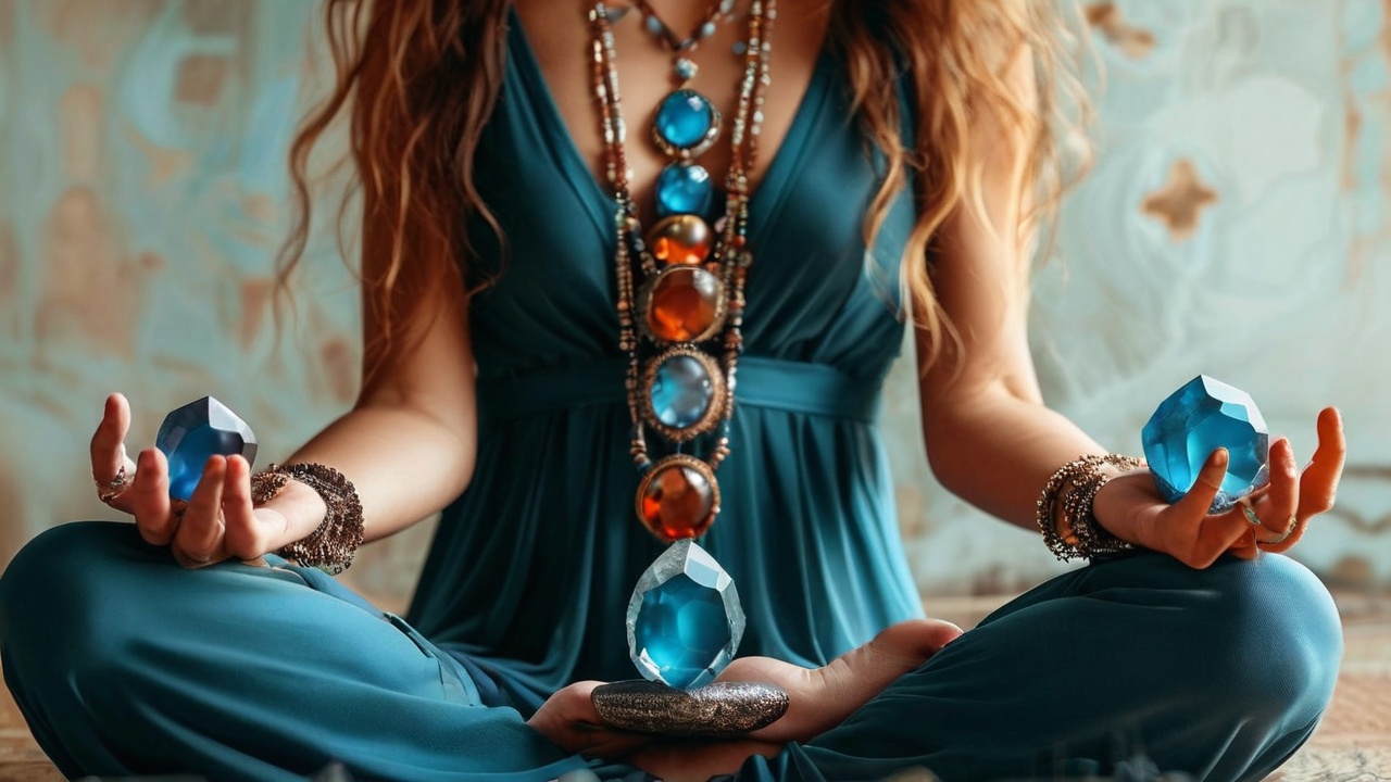 A women meditating with gemstones