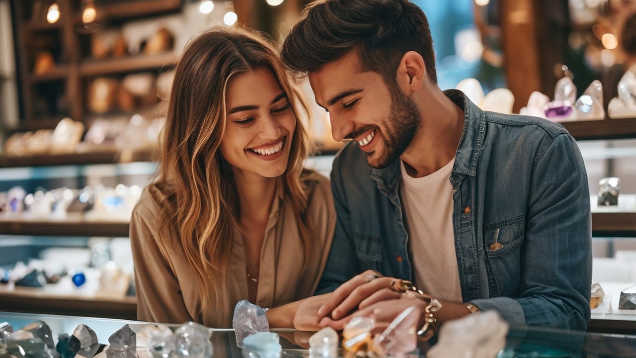 Couple choosing gemstones in jewelry shop
