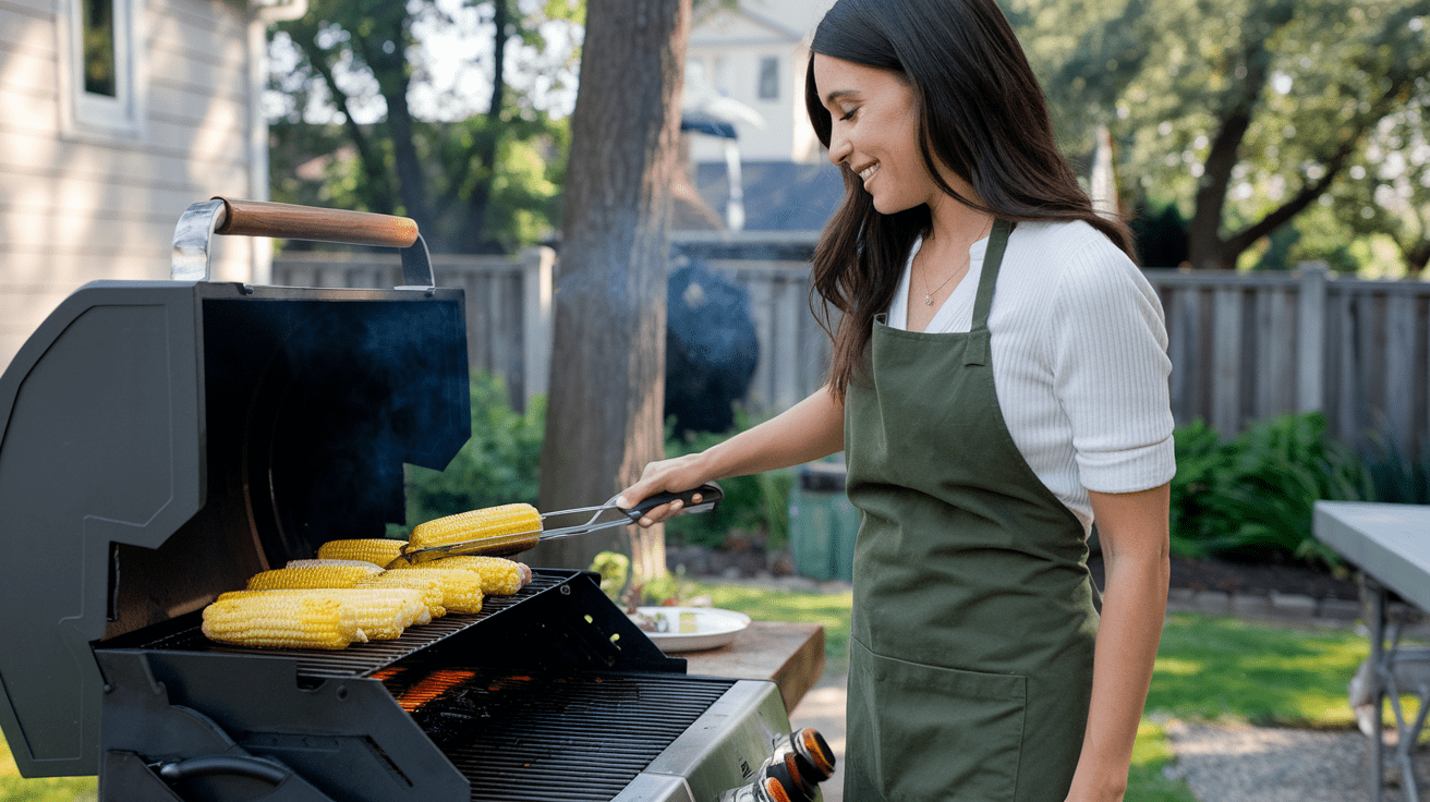 woman grilling corn on the cob