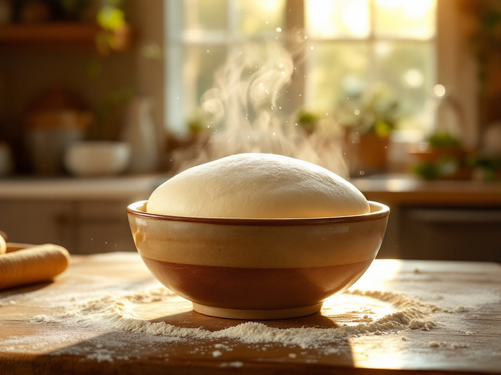 A bowl of dough rising in a warm spot