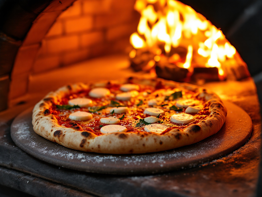 A pinsa pizza being placed in a hot oven