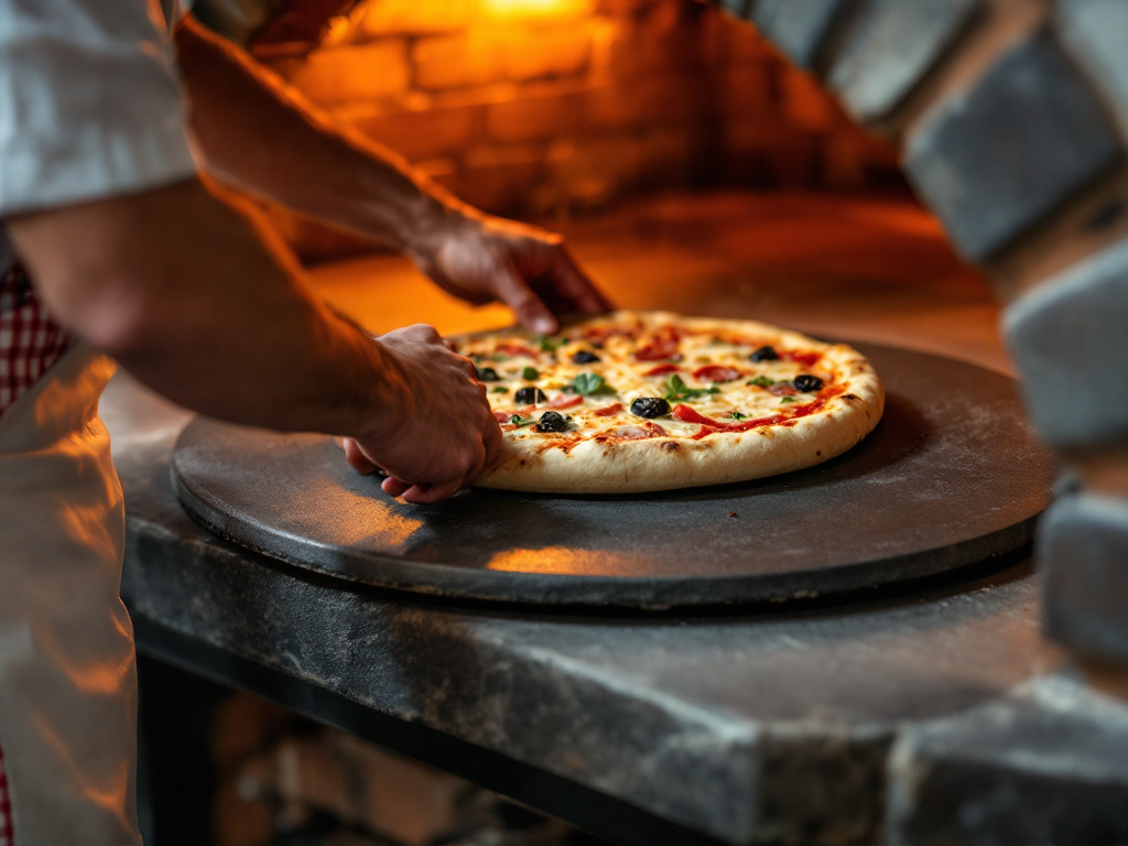A pizza chef carefully placing a pizza on a hot pizza stone in an oven