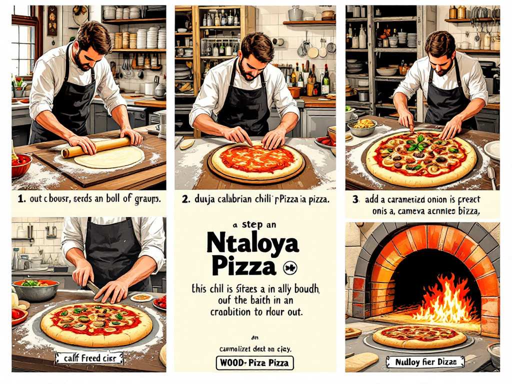 A step-by-step illustration of preparing Nduja Calabrian Chili Pizza