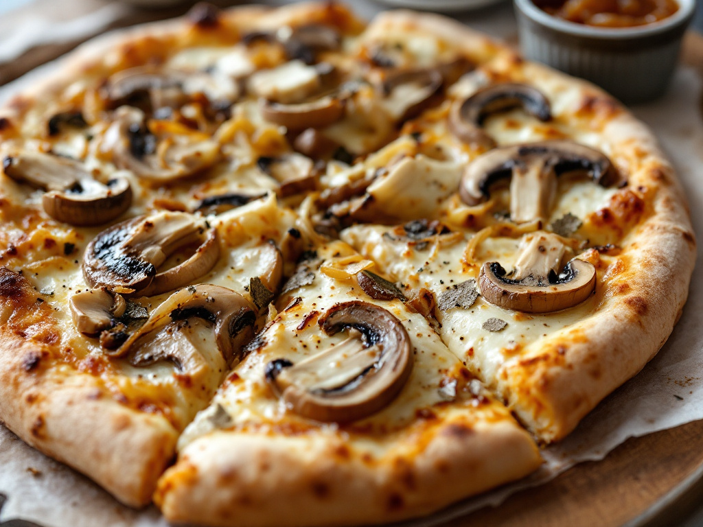 A luxurious truffle mushroom pizza featuring creamy fontina cheese