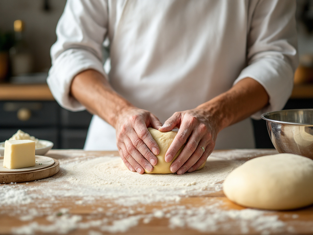 A chef stretching dough on a floured surface