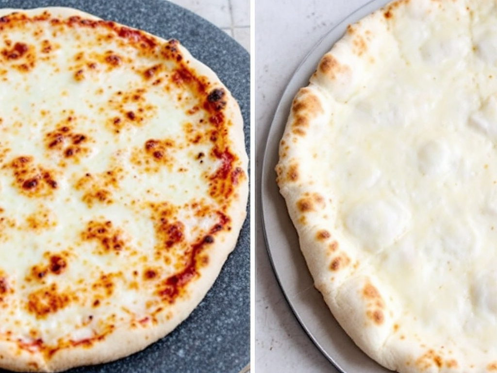 A close-up of a pizza stone and a pizza steel side by side, with a delicious pizza on top of each, showcasing the different textures and crusts achieved with each tool.
