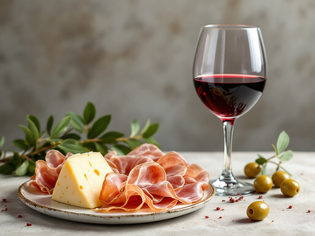 A glass of Chianti next to a platter of prosciutto, cheese, and olives, highlighting the pairing of the wine and meat.