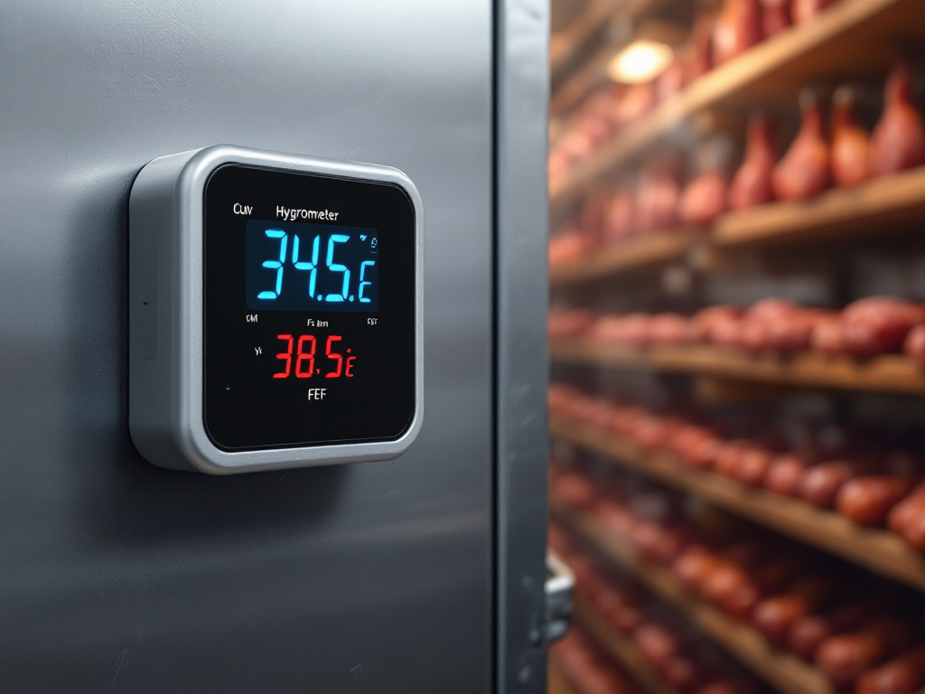 A digital hygrometer and thermometer monitoring the meat curing chamber.