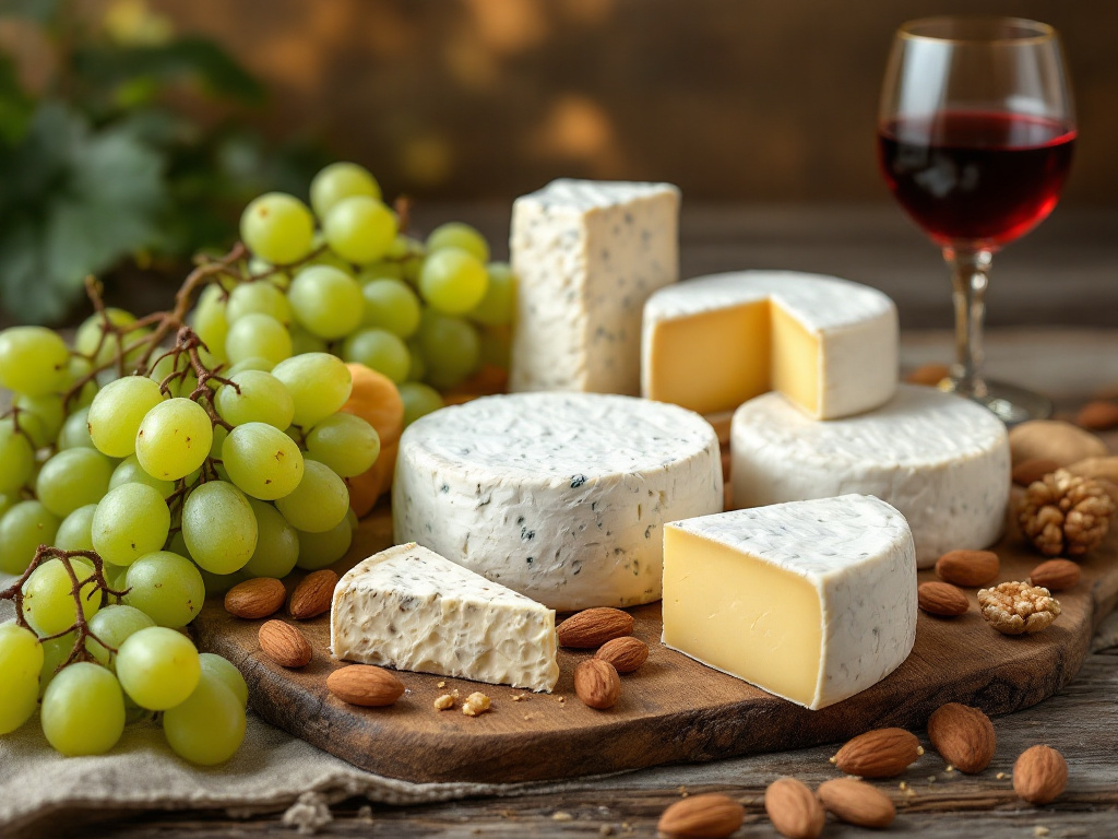 An image of Valdeon Chevre, showcasing its unique blue twist and savory flavor, paired with fresh fruits and nuts