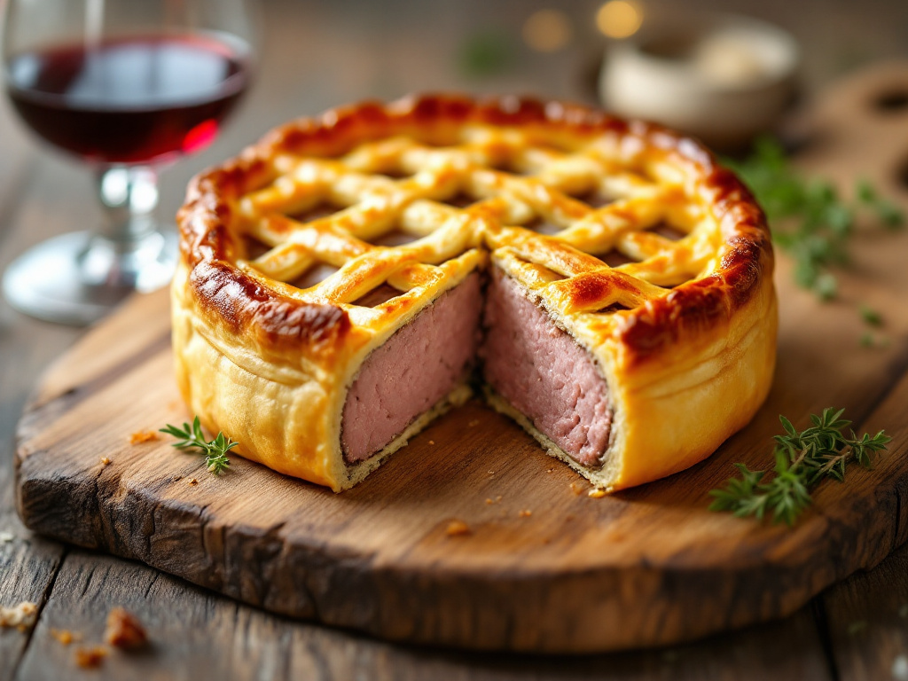 A beautifully presented p&acirc;t&eacute; en cro&ucirc;te on a rustic wooden board