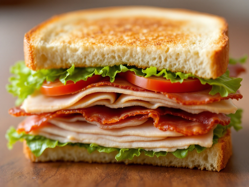 A delicious and visually appealing image of a classic club sandwich with layers of turkey, bacon, lettuce, and tomato on toasted bread.