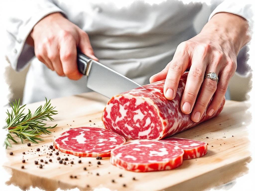 A chef carefully slicing salami with a sharp knife.