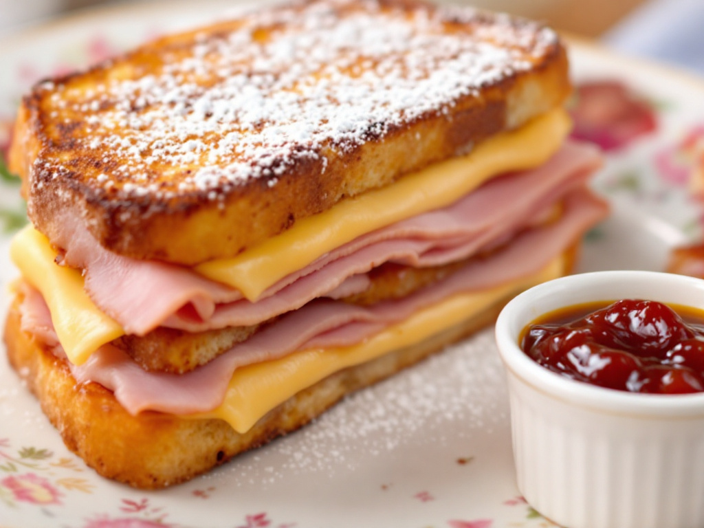 A savory image of a Monte Cristo sandwich with ham, turkey, and cheese between two slices of French toast, dusted with powdered sugar and served with a side of jam.