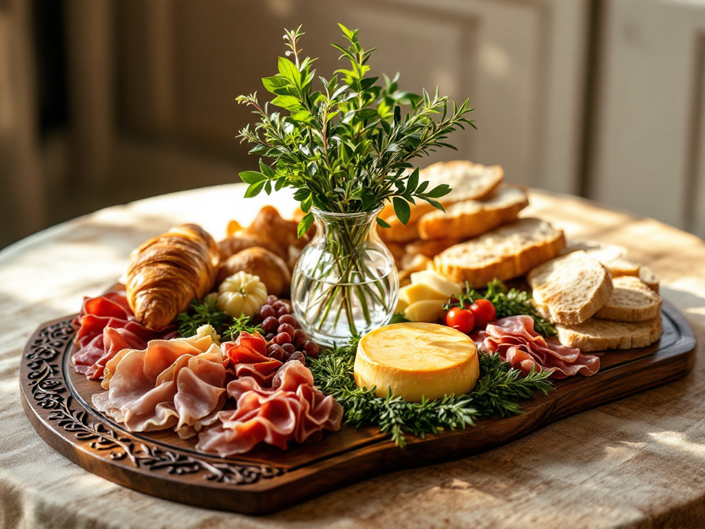 A charcuterie board with delicious accents and accompaniments.