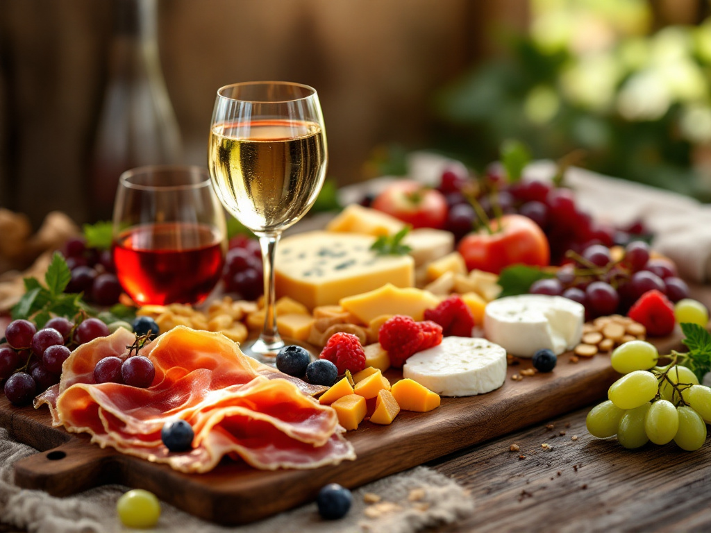 A charcuterie board with a variety of Italian wines and prosciutto, with a focus on the pairing of the two.