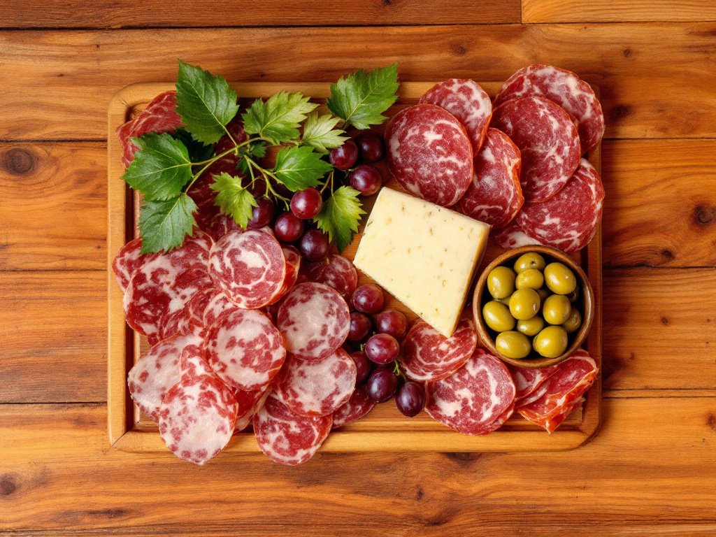 A charcuterie board with Italian salami, cheese, olives, and grapes, with a rustic wooden background.