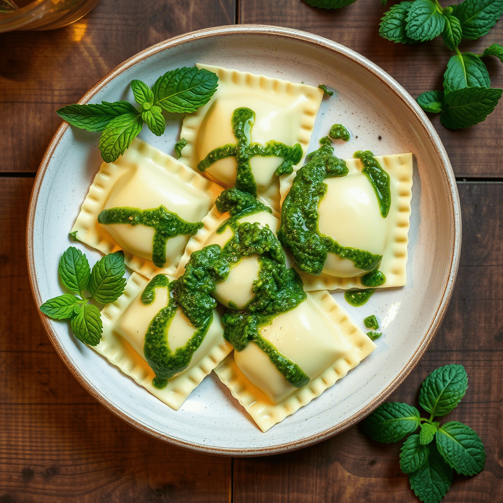 Brocciu-stuffed ravioli with mint pesto