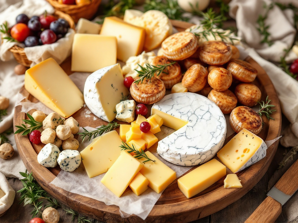 French cheese varieties on a rustic wooden board