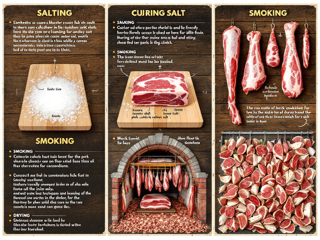 A diagram showing the curing process of meats with labels for salting, smoking, and drying stages.