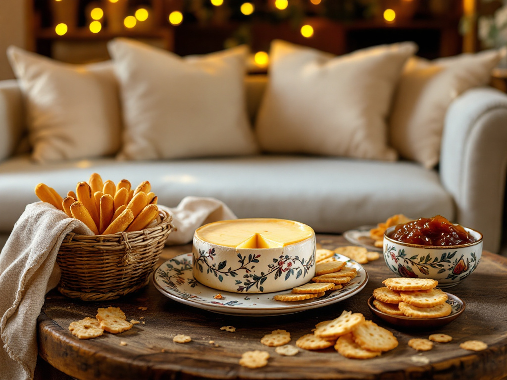 A cozy indoor setting with a baked Camembert cheese served with a variety of dipping accompaniments, such as breadsticks and crackers.