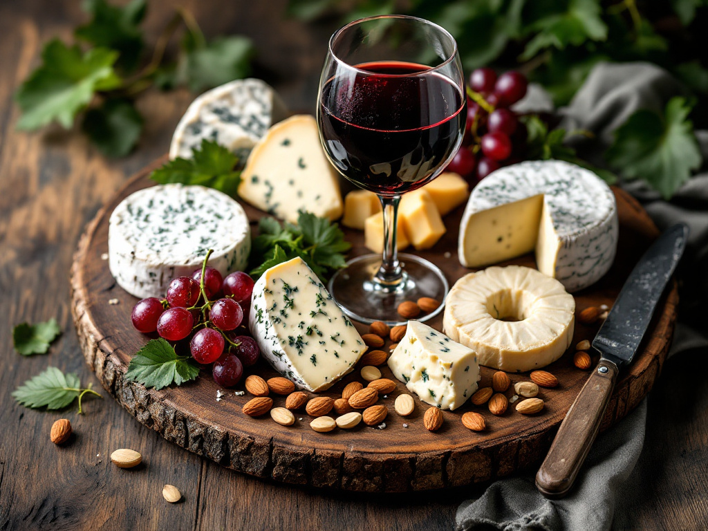 A visually appealing image of a variety of premium French chevre cheeses arranged on a rustic wooden board, with grapes, nuts, and a glass of wine, showcasing the different textures and forms of the cheeses.