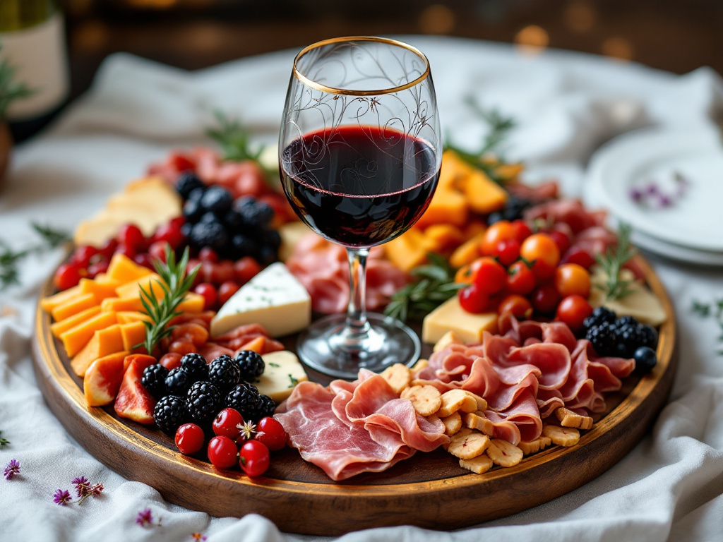A glass of wine on charcuterie board