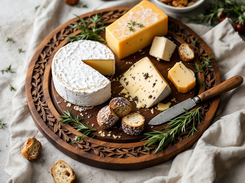 A selection of artisan cheeses on a wooden board, showcasing the variety of textures and flavors available.