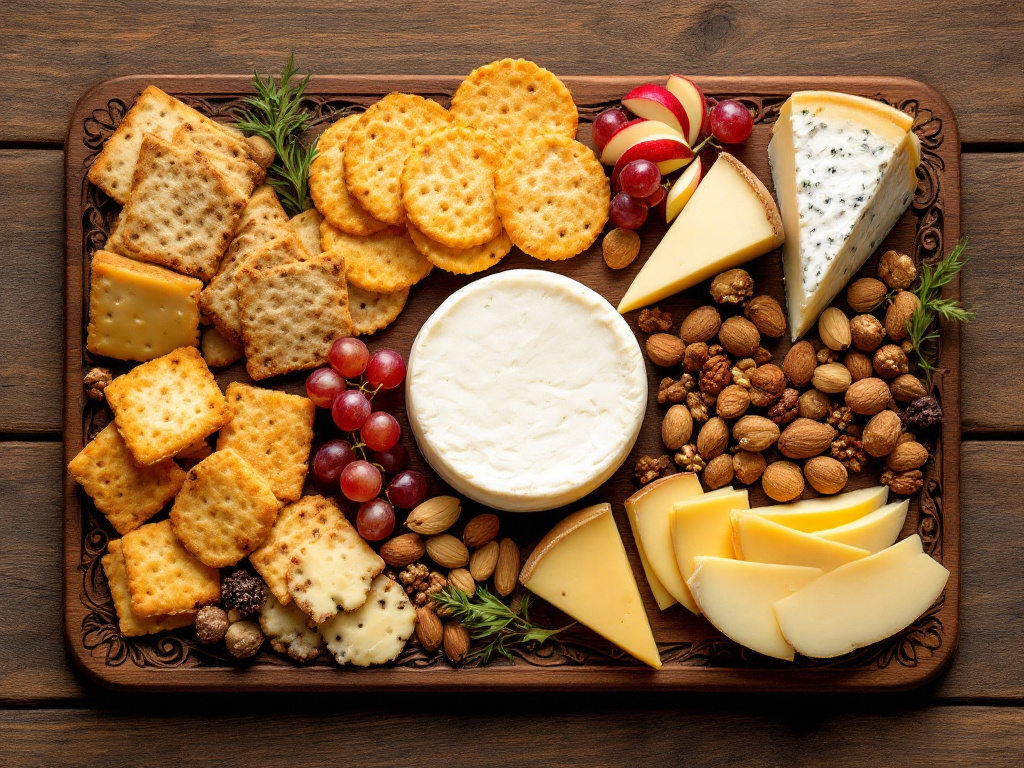 A beautifully presented cheese platter featuring a variety of mild French cheeses, including Brie, Camembert, and Saint-Nectaire.