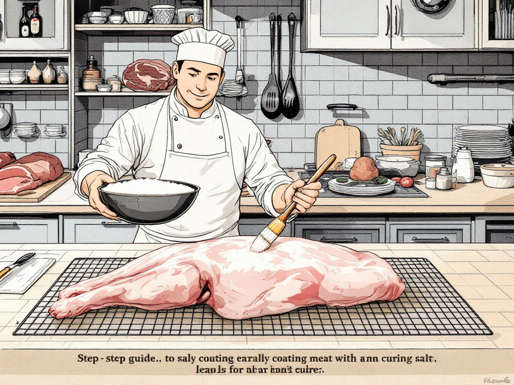 A step-by-step guide on how to evenly coat meat with a curing mixture.