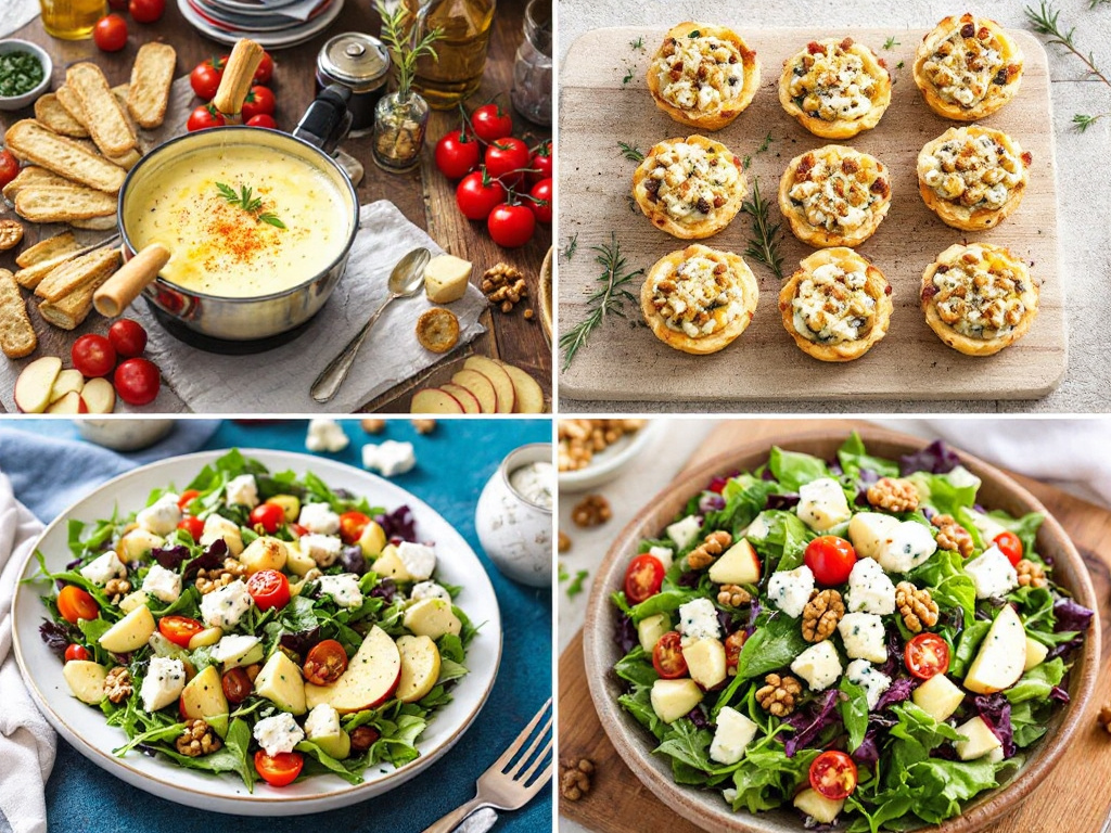 A collage of images showcasing different dishes made with Bleu de Gex, such as fondue, sauces, tarts, and salads.