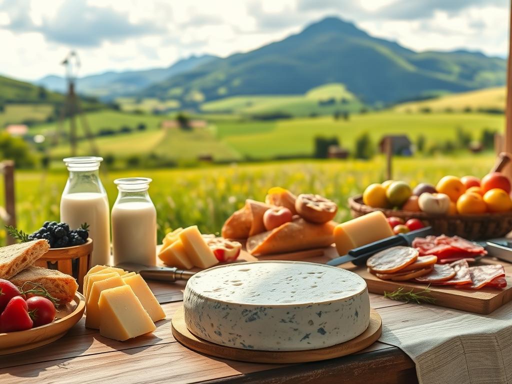 Bleu de Gex along with complementary foods like fruits, nuts, and wines.