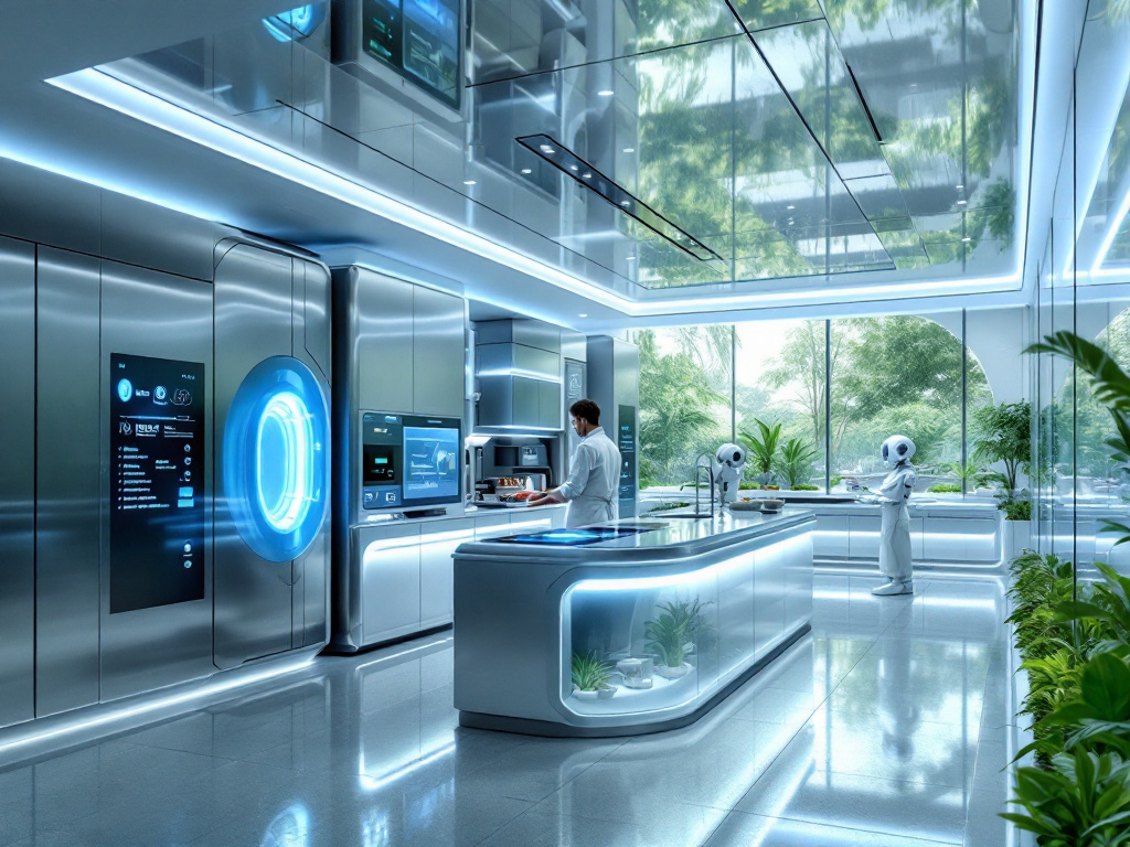 A futuristic kitchen with advanced technology for curing meats, including automated machines and digital displays.