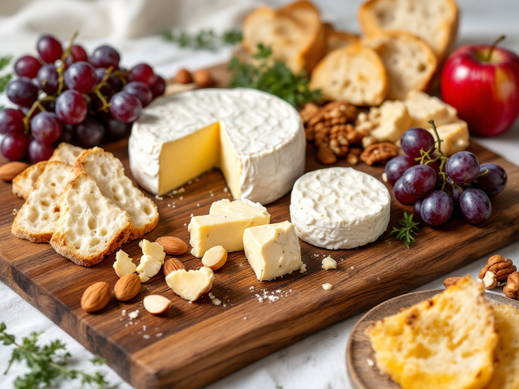 A beautifully arranged cheese board featuring a variety of mild French cheeses, including Brie, Camembert, and a mild goat cheese.