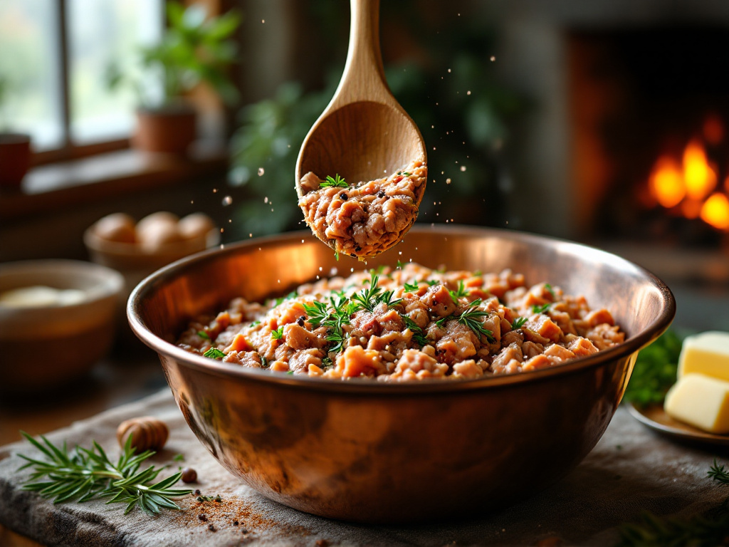Mixing meats and seasonings to create a flavorful p&acirc;t&eacute; en cro&ucirc;te filling