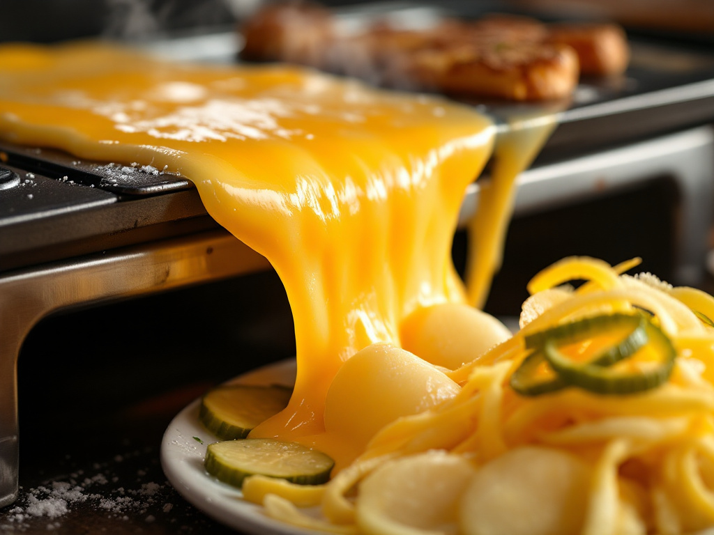A close-up of a raclette grill with melted cheese dripping onto a plate of boiled potatoes and pickles, showcasing the traditional French raclette meal.