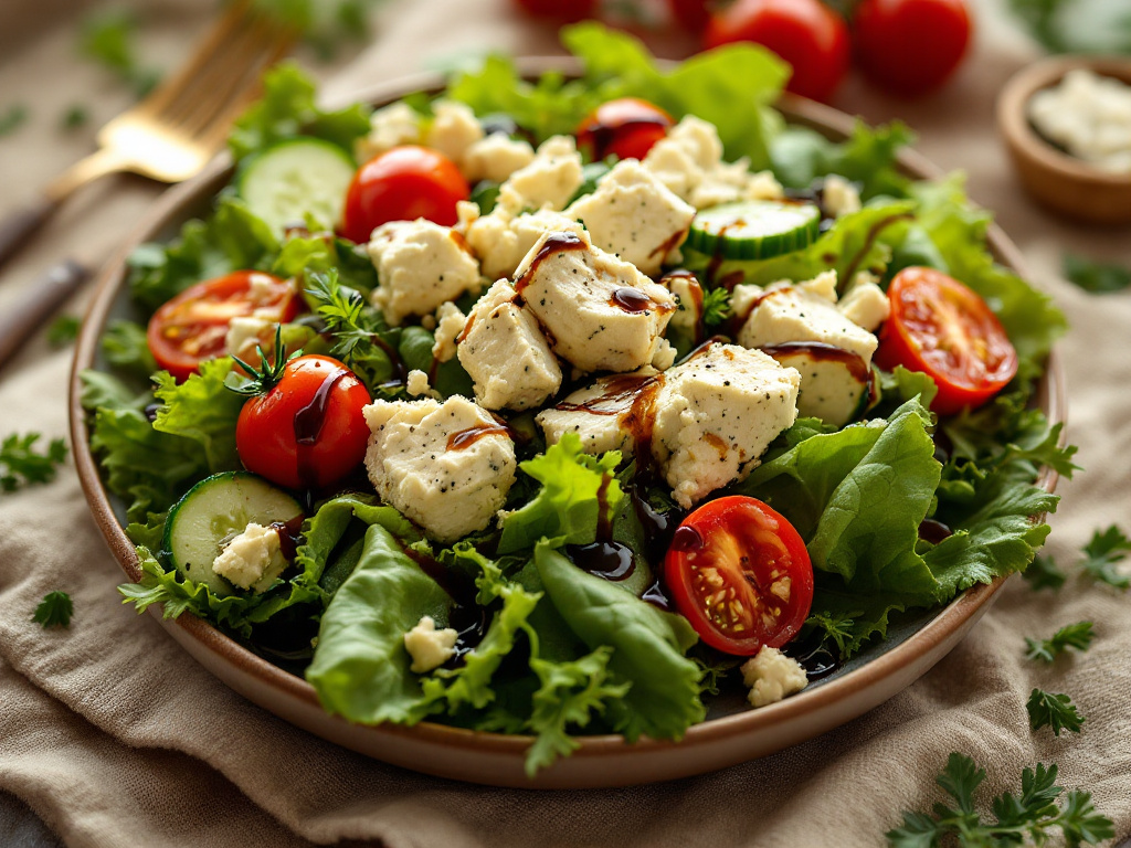 A close-up of Roquefort cheese crumbled over a fresh salad, with cherry tomatoes, cucumbers, and a drizzle of balsamic glaze.