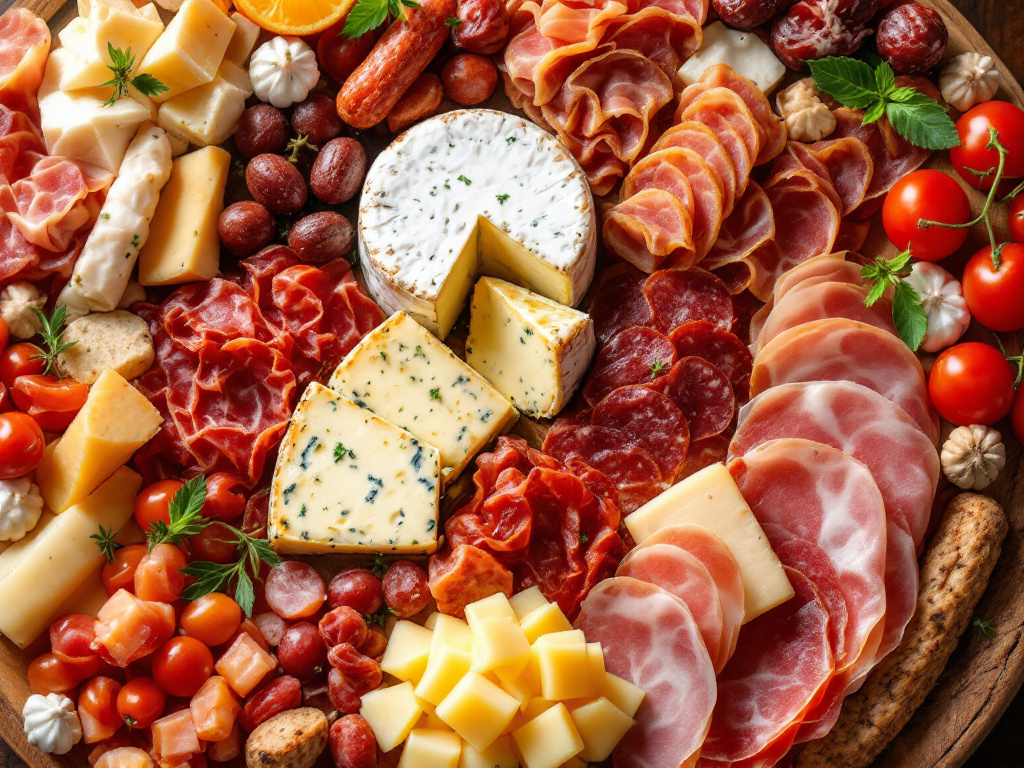 An assortment of high-quality meats and cheeses, including prosciutto, salami, chorizo, brie, camembert, and aged gouda, arranged on a charcuterie board.