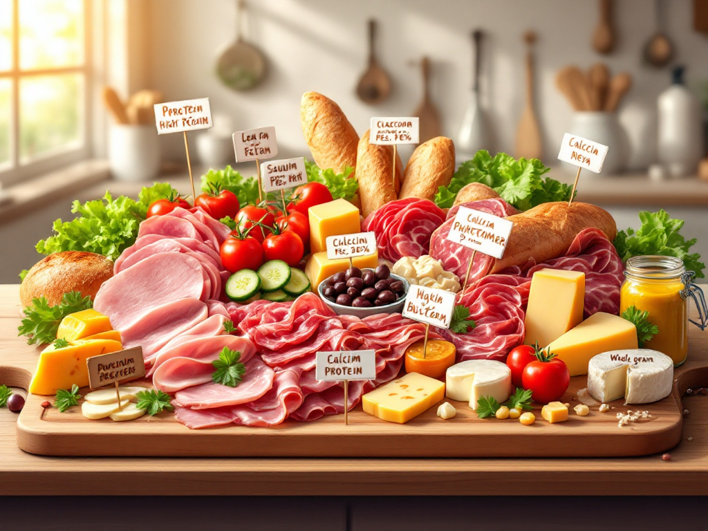 An image showcasing a variety of deli meats, cheeses, and bread, with a focus on the nutritional benefits of these foods.