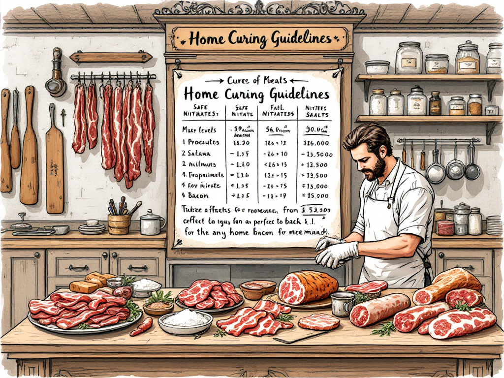 Safe levels of nitrates and nitrites in cured meats, with home curing guidelines.