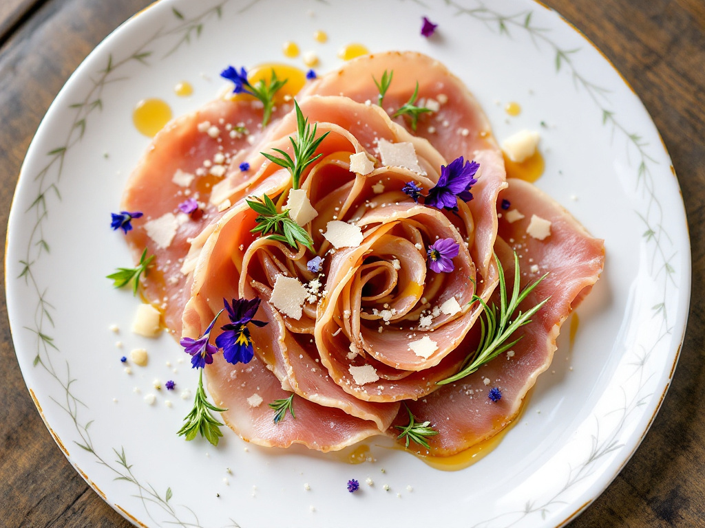 A beautifully plated prosciutto dish showcasing culinary innovation and creativity.