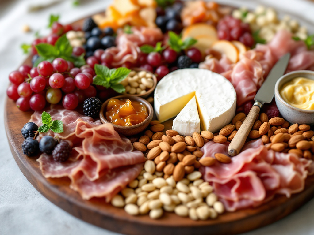 A beautifully arranged charcuterie board with a variety of cheeses, meats, fruits, and nuts, showcasing the essential tools needed for perfect presentation.