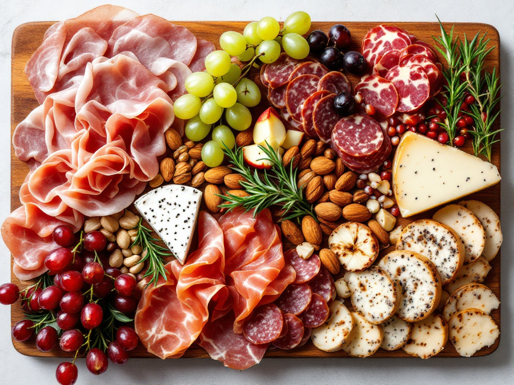 A beautifully arranged wooden charcuterie board with an assortment of meats, cheeses, fruits, and nuts.