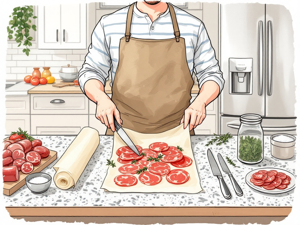 A step-by-step illustration of how to properly wrap and store French cured meats in the refrigerator