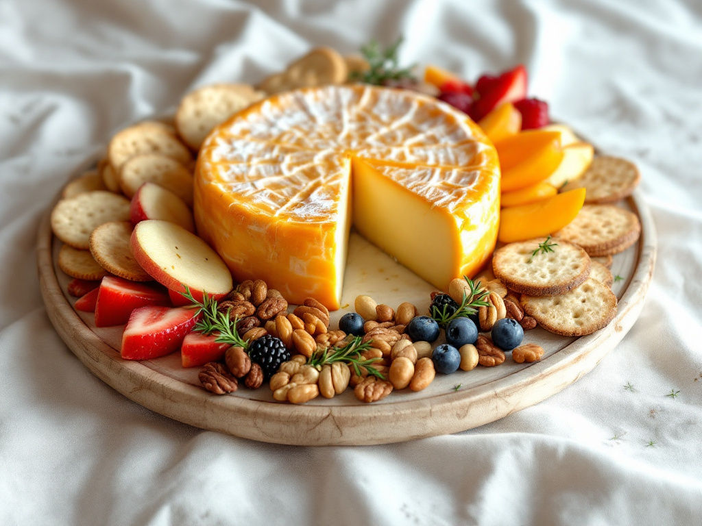 A beautifully arranged platter featuring Saint-Nectaire cheese, with its mild, creamy taste and hints of fruit and nuts
