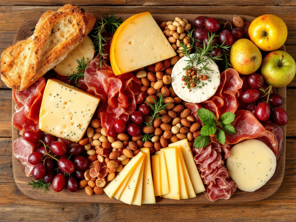 Charcuterie board featuring various types of raclette cheese