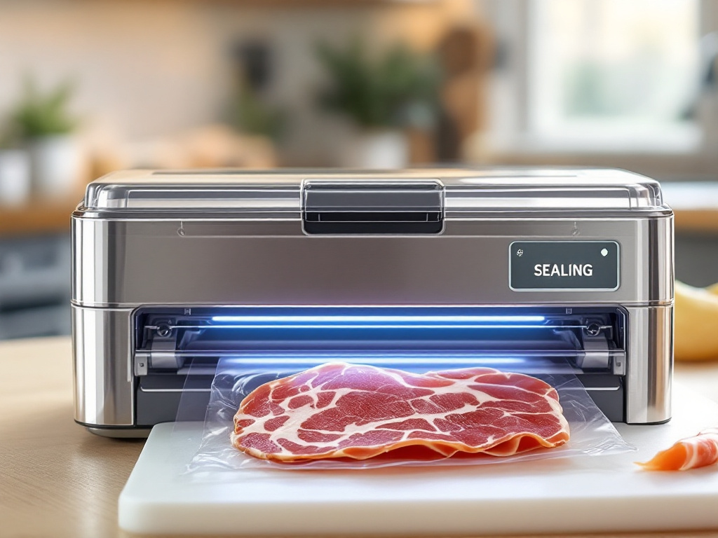 A visual of prosciutto being vacuum-sealed, showcasing the process and the final sealed package.
