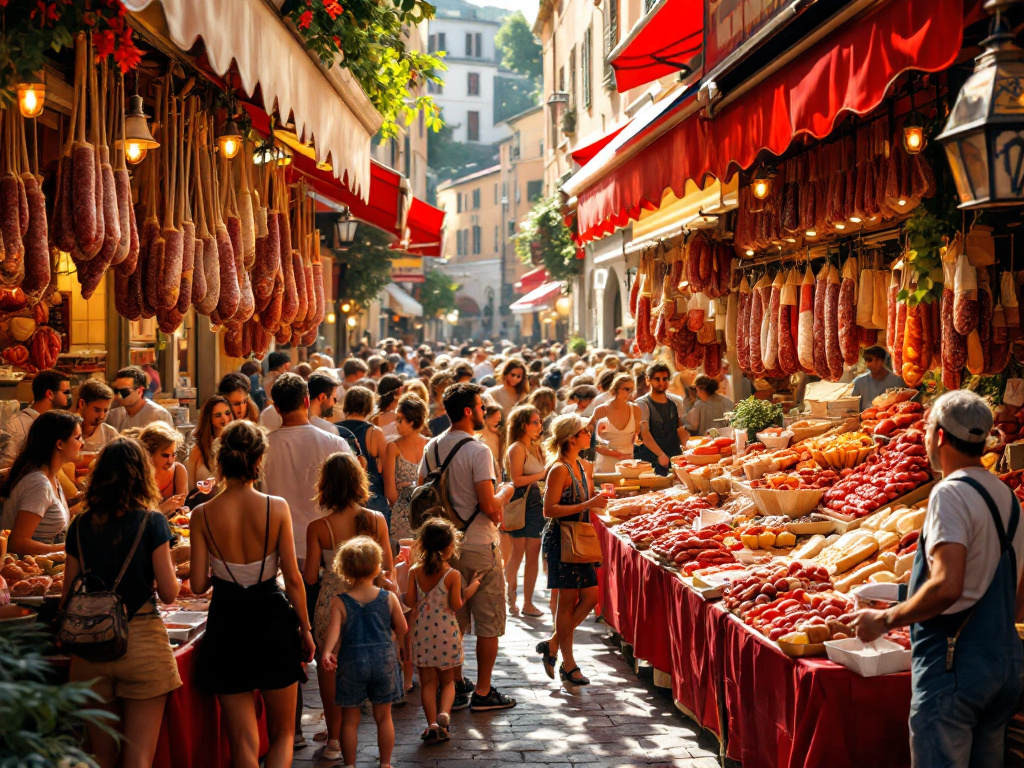 A lively scene of an Italian marketplace with vendors selling various types of salami.