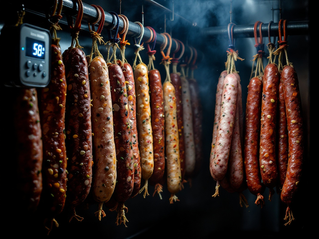 A well-organized meat curing chamber with hanging sausages and a digital thermometer.