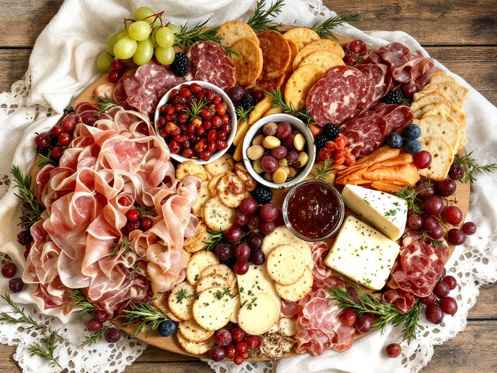  A variety of accompaniments, including fruits, nuts, pickles, and olives, beautifully arranged on a charcuterie board.